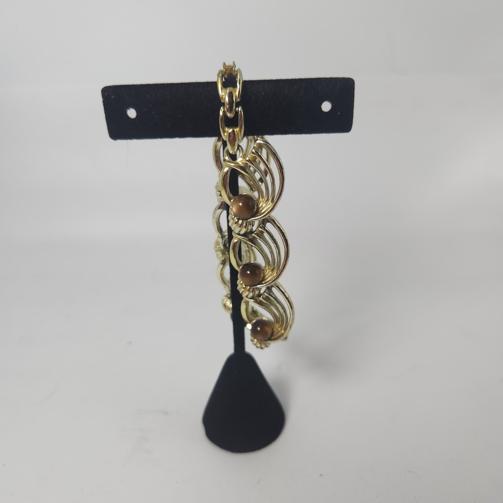 Vintage Gold Tone Fan Link Bracelet Faux Brown Pearl Mid Century Costume Jewelry